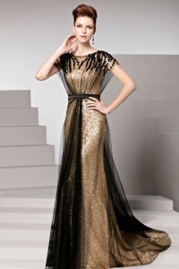gold sequined formal dress with sheer tull