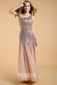 pink sequined formal dress with one shoulder
