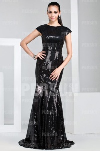 black sequined formal dress with cap sleeves