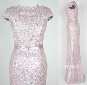 pink sequined formal dress with cap sleeves