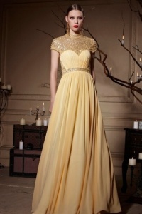 yellow sequined formal dress with cap sleeves
