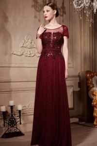 red sequined formal dress with cap sleeves