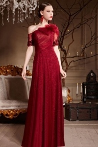 red sequined formal dress with short sleeves