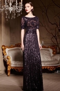 purple sequined formal dress with half sleeves