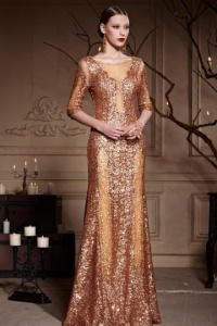 gold sequined formal dress with half sleeves